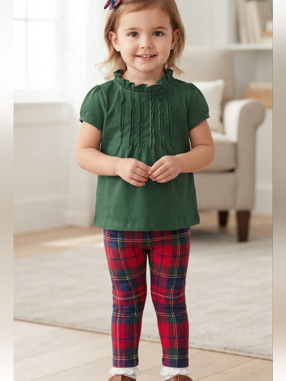 Janie And Jack Green Ruffle Top And Plaid Pants 2T